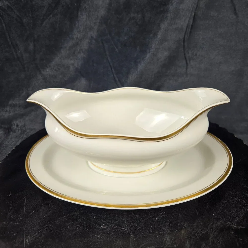 Haviland Limoges Gravy Boat with Underplate Attached Cream w/ Gold Accents Vtg